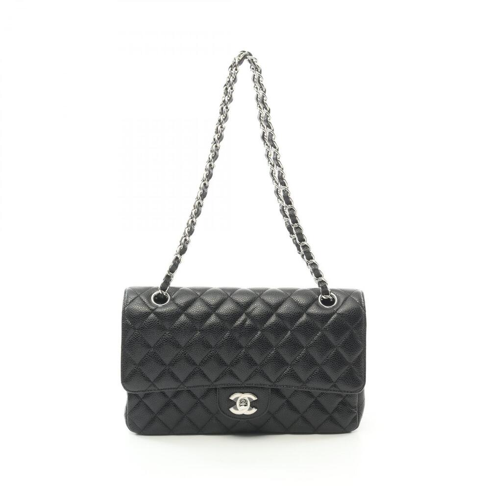 Chanel Matelasse Double Flap Shoulder Bag Leather Grained Calfskin Black
